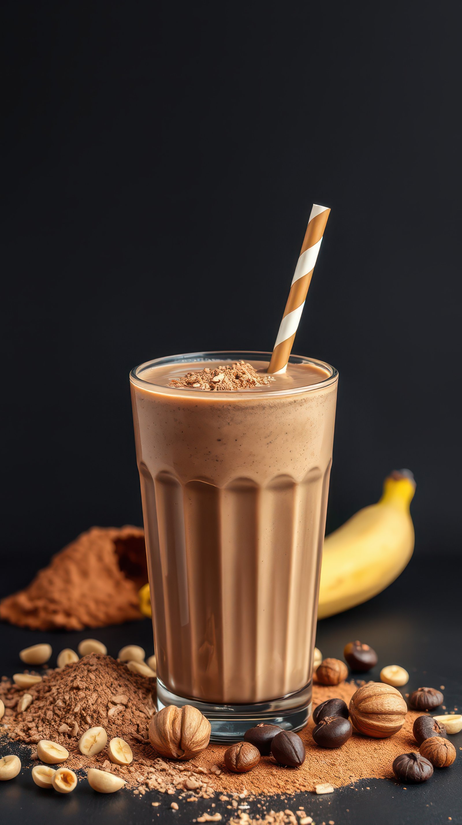 Delicious banana chocolate shake with coffee and a striped straw for a refreshing treat
